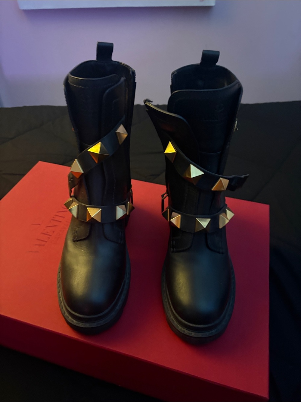 Valentino Woman’s Black Leather Boots with Gold Pyramid Studs